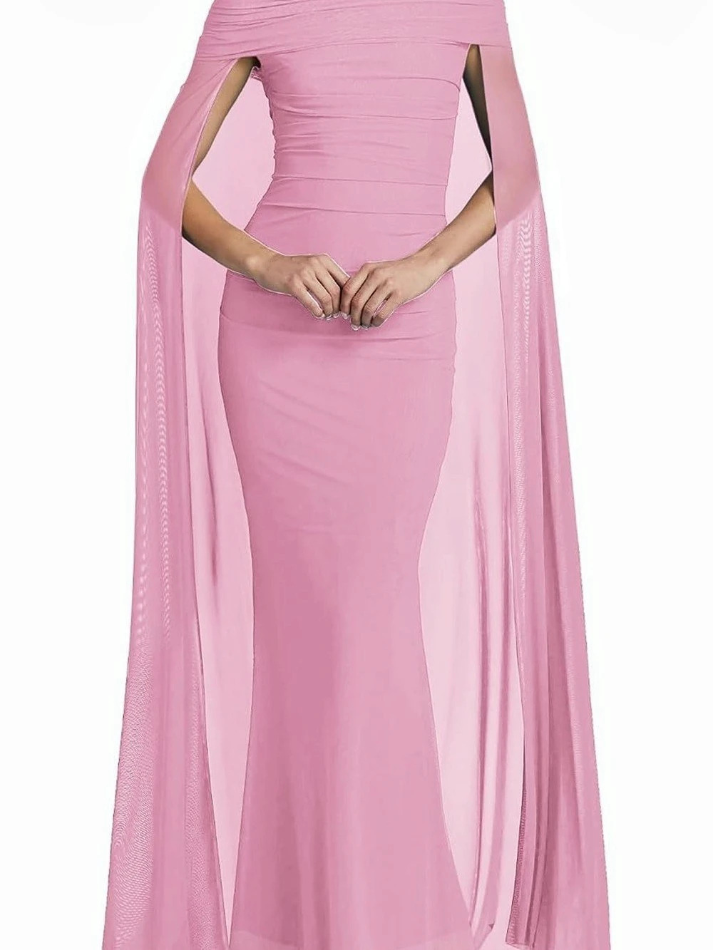Talbot Runhof Ruched Off-The-Shoulder Mesh Cape Gown Pink Like New